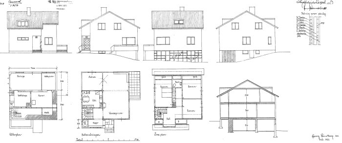 Arkitektritningar av ett hus med fasadvyer, sektioner och planlösningar för olika våningar.