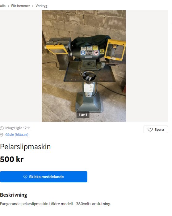 Pelarslipmaskin, äldre modell, industriell, grå, gult skydd, betonggolv, till salu, verktyg, 380 volt.