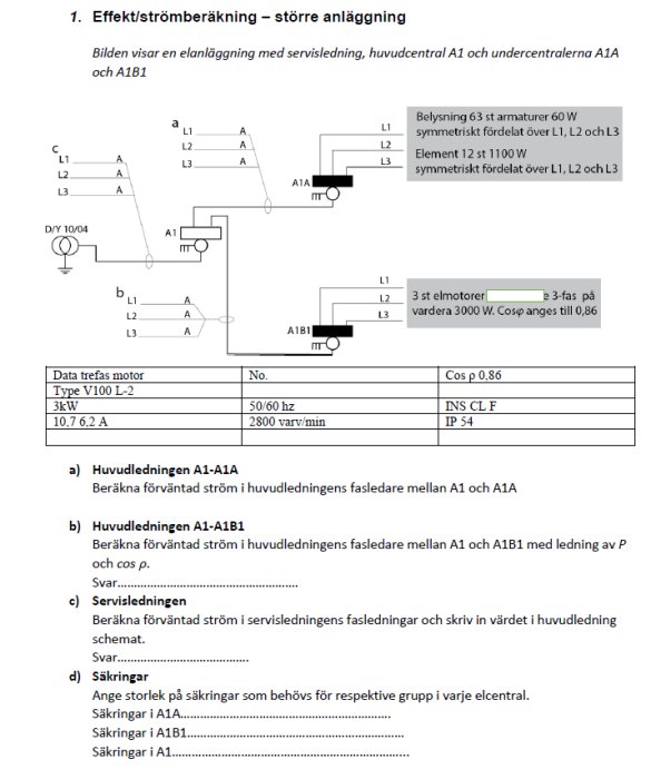 Elektriskt schema för en större anläggning med central och undercentraler, beräkningsinstruktioner, teknisk specifikation för motor.