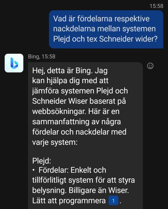 Skärmdump av textkonversation. Diskussion om fördelar och nackdelar med smarta belysningssystem.