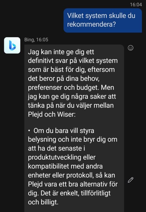 Skärmdump av en chatt med en tekniksupport om systemrekommendationer för belysningsstyrning; Plejd nämns.