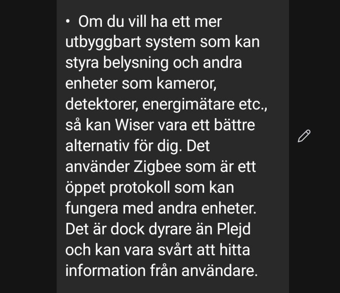 Svart bakgrund, vit text, svenska, handlar om utbyggbart system för belysning och Zigbee protokoll.