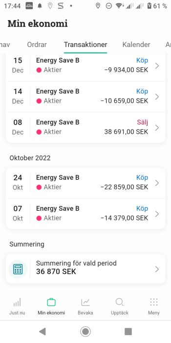 Skärmdump av ekonomiapp som visar aktietransaktioner och summering på 36 870 SEK.