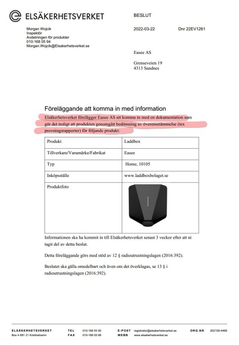 Dokument från Elsäkerhetsverket som begär dokumentation för en laddbox, inkluderar bild av produkten.