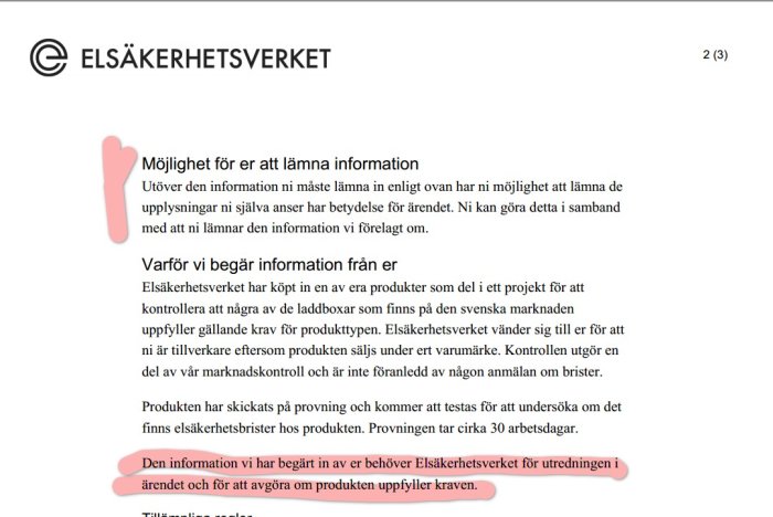 Svenskt dokument från Elsäkerhetsverket om begäran av information för produktkontroll och marknadskontroll, markeringar i rosa.