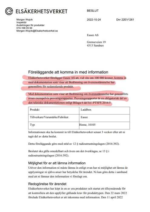 Svensk myndighetsdokument, beslut, Elsäkerhetsverket, föreläggande om att lämna produktinformation, viten, laddbox-relaterat.