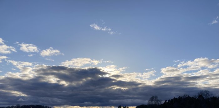 Vidsträckt himmel med skiftande molnformationer vid solnedgång, silhuetter av träd vid horisonten.