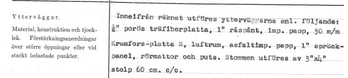 Svartvitt dokument, textfragment, teknisk beskrivning, byggmaterial, svenska, handskrivna noteringar, svårtydd text.