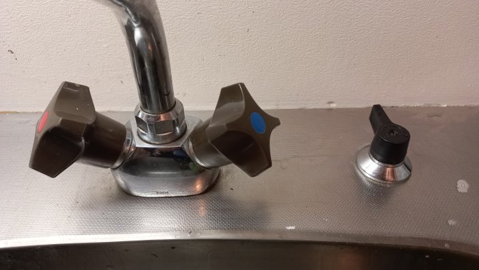 Kökskran med två vred, varmt och kallt, samt en diskmedelspump på en diskbänk.