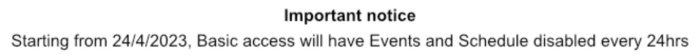 Textmeddelande: "Viktig notis, grundläggande tillgång begränsas var 24:e timme från 24/4/2023."