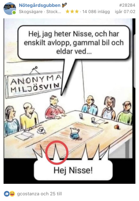 Seriebild, möte, "Anonyma Miljösvin", person presenterar sig, ironi, skämtsam, sociala medier-kommentarer.