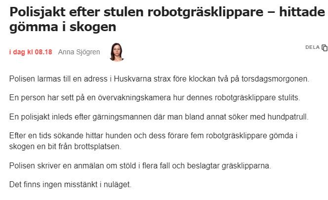 Artikel om polisjakt på stulen robotgräsklippare som återfanns gömd i skogen.