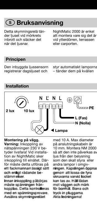 Manual för skymningsrelä, NightMatic 2000, inkluderar installationschema. Beskrivning på svenska. Svartvitt.