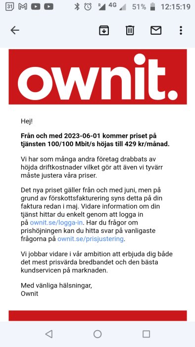 E-postmeddelande från Ownit om prisökning för 100/100 Mbit/s-tjänst till 429 SEK/månad från och med juni 2023.