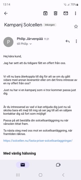 E-postmeddelande om kampanj för solcellsanläggning, uppmanar intresseanmälan för offert.