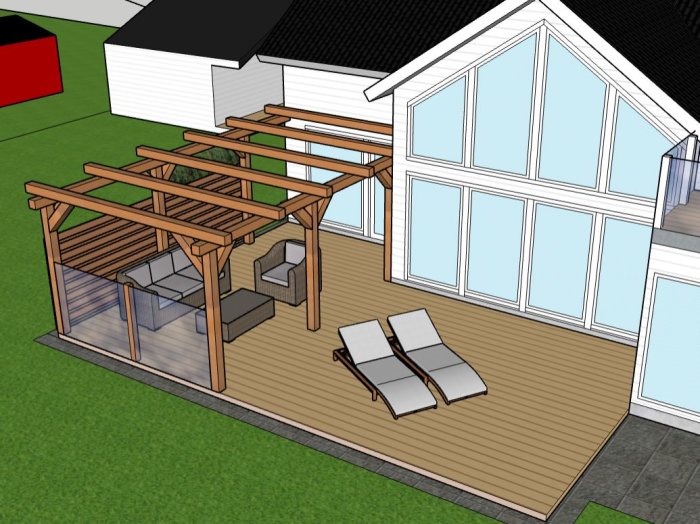 3D-modell av uteplats med pergola, sittgrupp, solsängar och moderna fönster på hus.