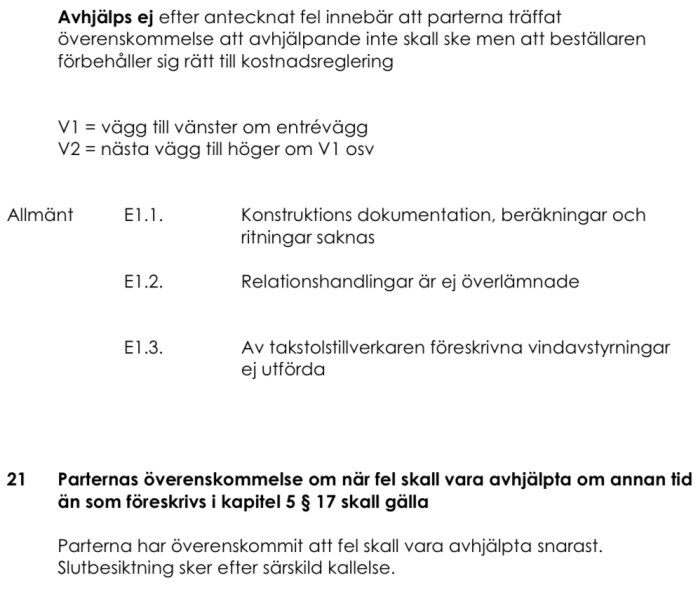 Dokument om felhantering och avhjälpande åtgärder i byggprojekt eller avtal. (Svenska)