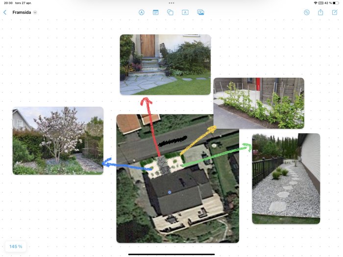 En sammanställning av trädgårdens layout och växter med pilar på en enhetsskärm. Luftbild och närbilder kombinerade.