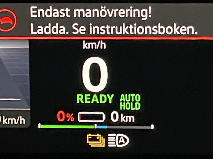 Elbilens instrumentpanel visar 0 km/h, 0% batteri, uppmanar laddning och endast manövrering. "READY" och "AUTO HOLD" aktiverat.