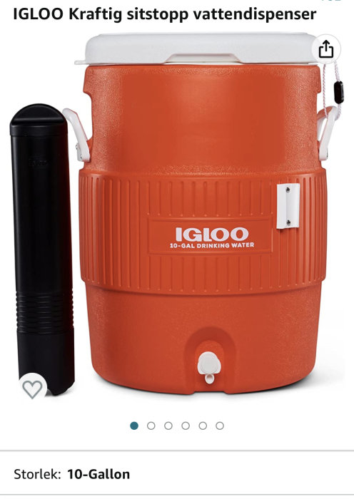 En orange IGLOO vattendispenser med vit lock och en svart pump. Storlek: 10 Gallon.