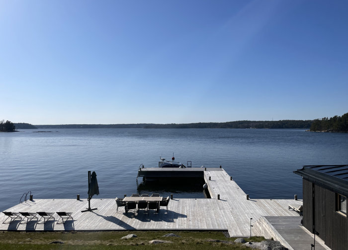 Brygga vid sjö med båt, utemöbler, blå himmel, lugnt vatten, trähus, ingen mänsklig närvaro, avkopplande atmosfär.