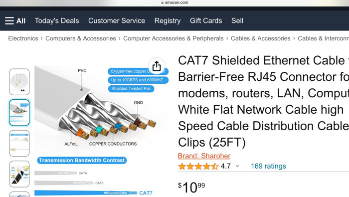 Amazon produkt sida för CAT7 Ethernetkabel, detaljerad bild, vita flatkabel, höghastighet, 25 fot, 4.7 stjärnor.