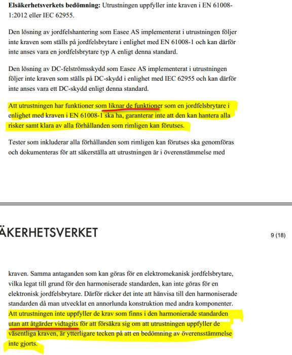 Svensk text om elsäkerhet, synpunkter på utrustning, standarder, Easce AS, jordfelsbrytare och efterlevnadskrav.
