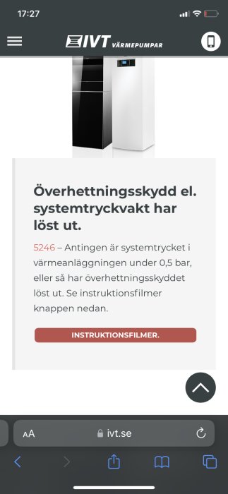 Skärmbild av IVT Värmepumpars webbsida med felmeddelande och knapp för instruktionsfilmer.