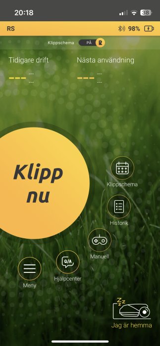 Skärmdump av en app i mobil, förmodligen för gräsklipparscheman, med text på svenska och användargränssnitt.