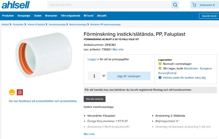Ahlsell webbsida visar vit PP-förminskning insats med orange tätning, för VVS-installationer.