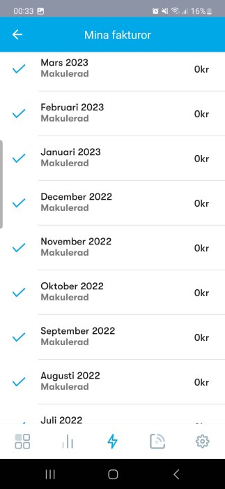 Skärmdump av mobilapp visar lista över fakturor märkta 'Makulerad' från juli 2022 till mars 2023.