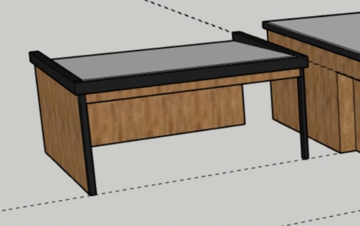 3D-modell av två skrivbord i trä med svarta detaljer, designskiss, ingen bakgrund.