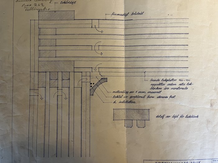 Äldre teknisk ritning eller skiss med anteckningar, diagram över konstruktionsdetaljer, potentiellt för arkitektur eller ingenjörsvetenskap.