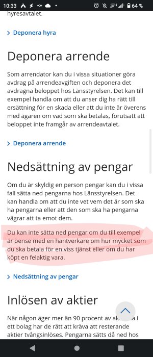 Skärmbild av text på smartphone, diskuterar deponera hyra, nedsättning av pengar, inlösen av aktier på svenska.