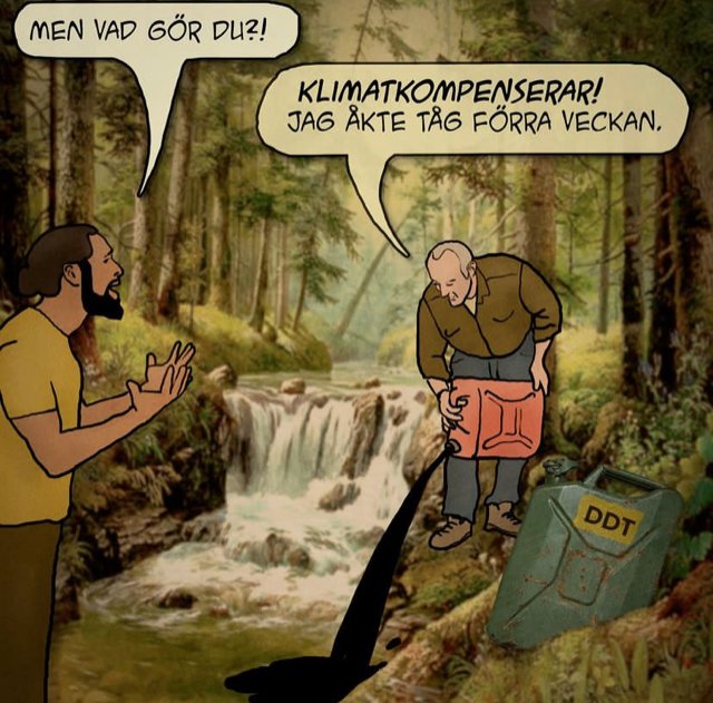 Satirisk tecknad bild, debatt om klimatkompensation, man häller gift i flod, annan protesterar, DDT-dunk synlig.