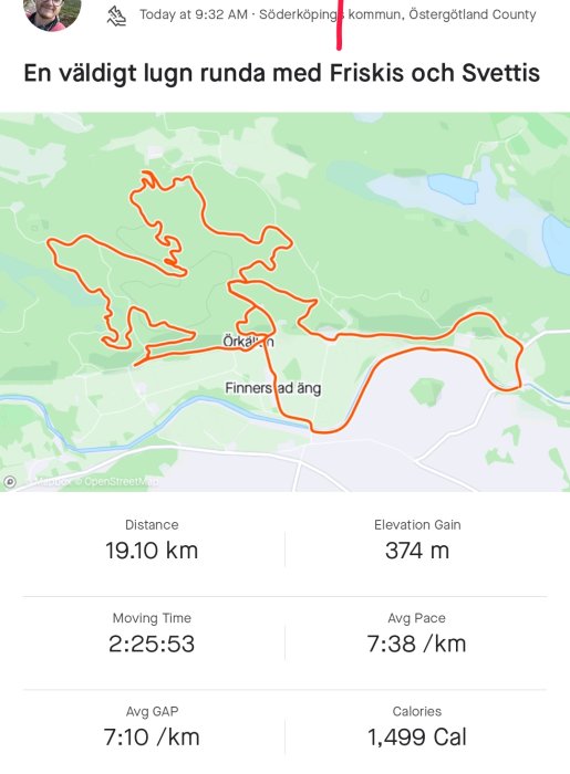 Kartbild på löprunda; 19,10 km, Söderköping, 374 m höjdskillnad, tid 2 h 25 min.