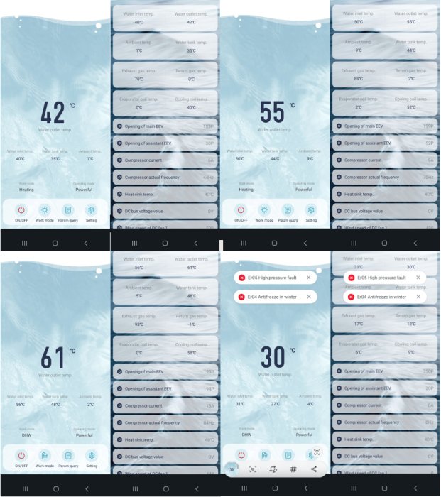 Fyra gränssnittsbilder av en termisk enhet som visar temperaturer, inställningar, och felmeddelanden.