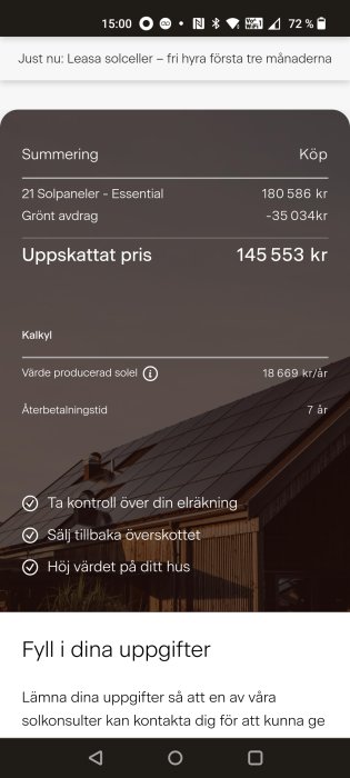 Solpanelsoffer för hem, med priser, förmåner och återbetalningstid. Inbjudan att lämna uppgifter för konsultation.