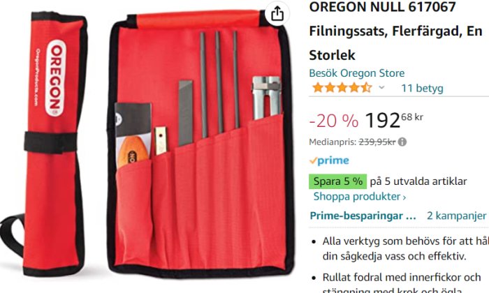 Filställ för sågkedjevård i rött fodral, märkt "OREGON", inkluderar filar och andra tillbehör.