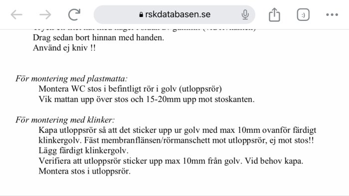 Text på svenska, instruktioner för installation, WC-stos, plattor, ej använda kniv.