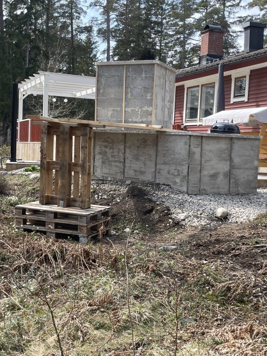 Konstruktion eller renovering pågår med träpallar, betonggrund och halvklaar byggnad bredvid röd stuga i skogsmiljö.