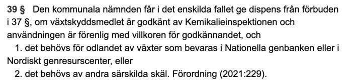 Svensk text om dispens för användning av växtskyddsmedel relaterat till genbanker och särskilda skäl.