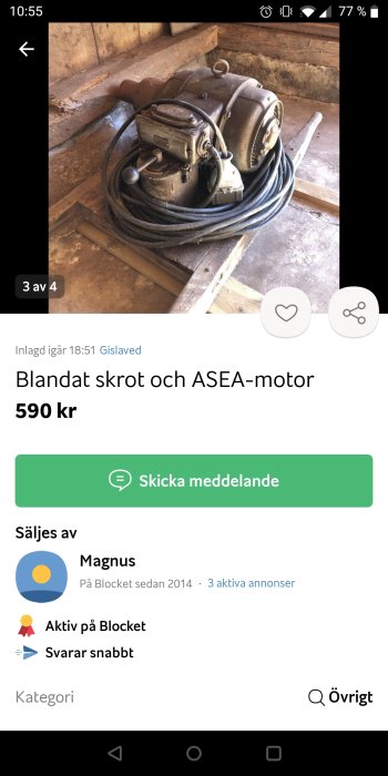 En begagnad ASEA-motor med sladdar till salu på en köp-och-sälj plattform för 590 kronor.