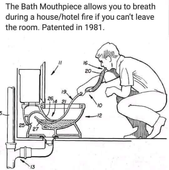 Illustration av "Bath Mouthpiece", andningsapparat för brand, patenterad 1981, kopplad till badkar.