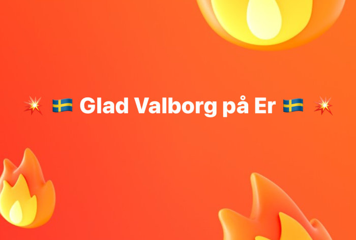 Grafisk hälsning, orangefärgad bakgrund, emojis, svenska flaggor, text "Glad Valborg".