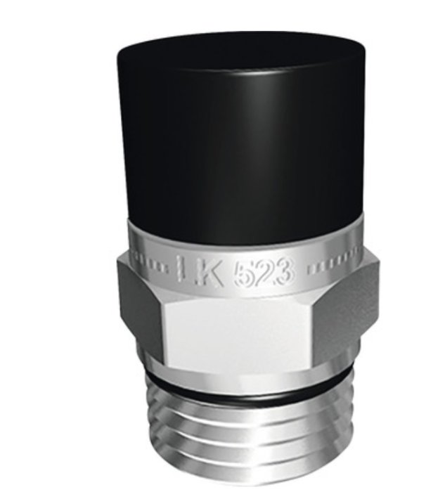 Metallisk industridel med svart topp, gängad bas och märkning "K 523".