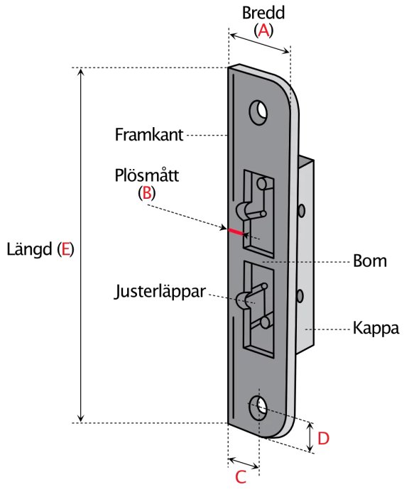 Teknisk ritning av låskista med måttangivelser: bredd, längd, och detaljer såsom justerläppar och bom.