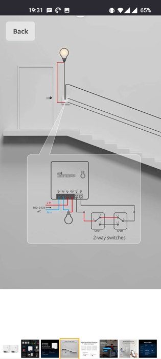 Schematisk illustration av elinstallation, trappbelysning med tvåvägströmbrytare, mobilapplikationsgränssnitt.