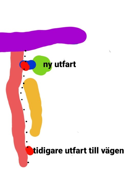 Färgglad skiss med vägar, "ny utfart" och "tidigare utfart till vägen" texter.