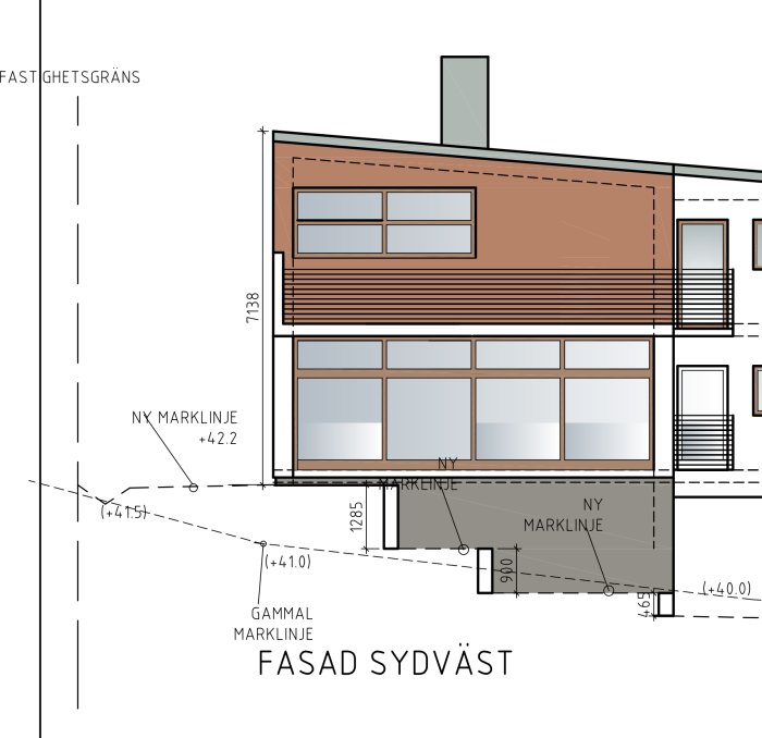 Arkitektonisk fasadritning av byggnad med måttangivelser och detaljer, sydvästvy.